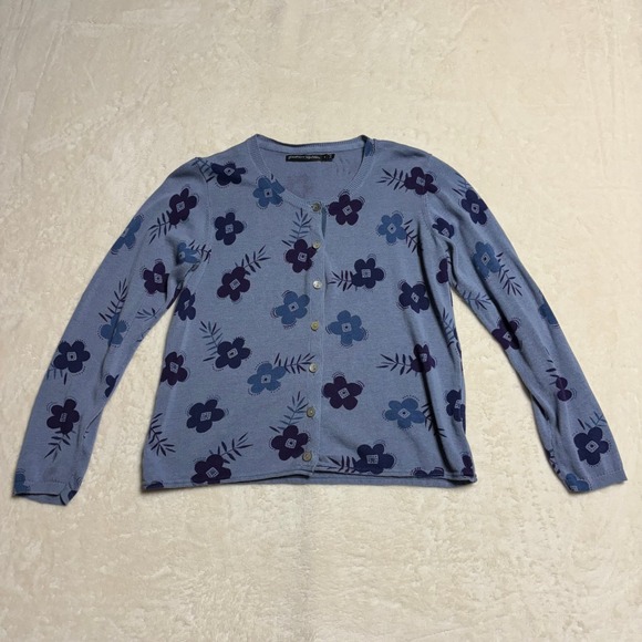 Gudrun Sjoden Sweaters - Gudrun Sjoden Floral Cardigan Sweater Size Small Blue Linen Cotton